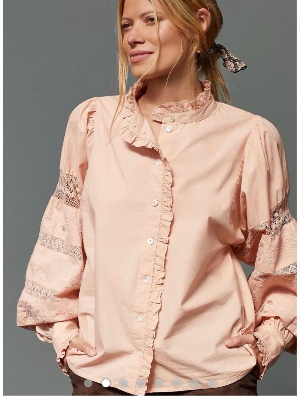 Women's Ruffled Lace-Trim Cotton Blouse - Peach